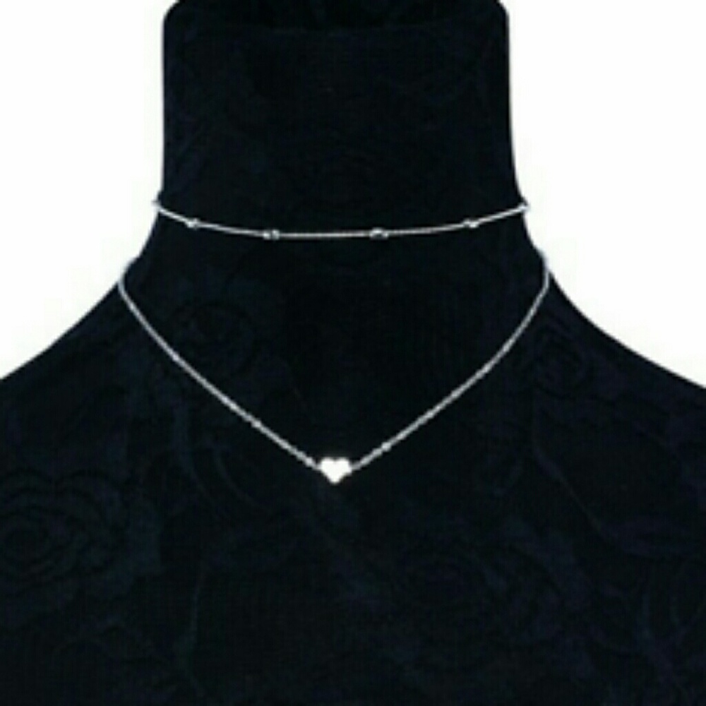 Silver Heart Choker Double Chain  Necklace - Picture 2 of 2